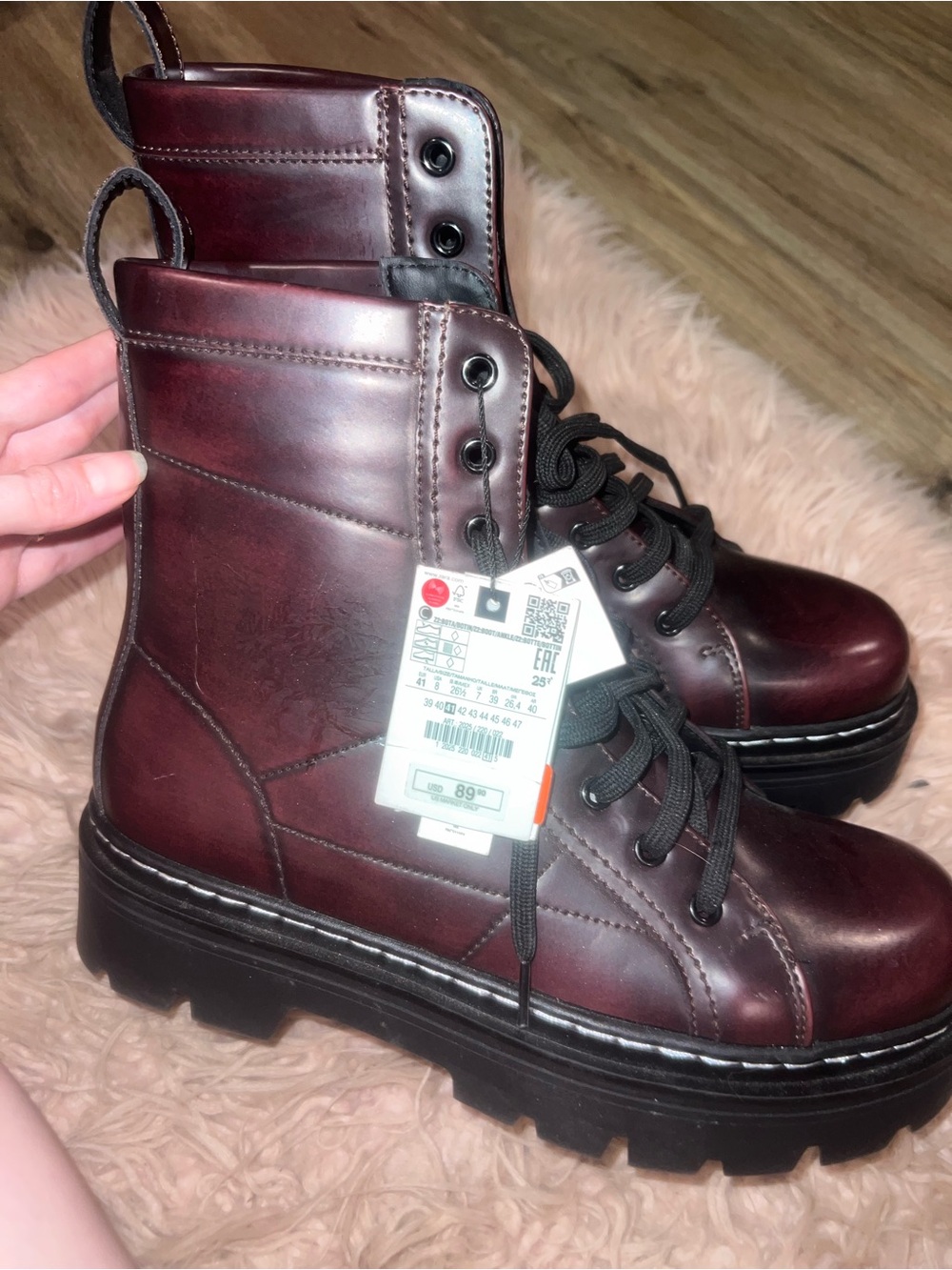 Zara Men's Burgundy Leather Lace-Up Platform Boots